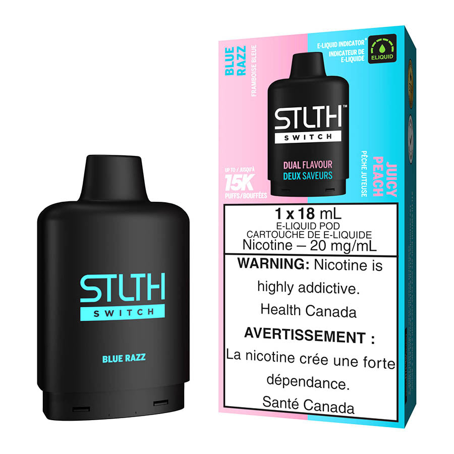 stlth-switch-e-liquid-pod-pack-blue-razz-and-juicy-peach.jpg STLTH Switch E-Liquid Pod Pack – Blue Razz And Juicy Peach - Image 1